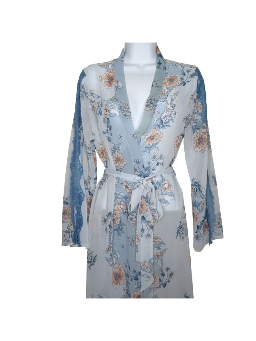 INC International Concepts Sheer Floral Robe Lace Trim Belt Size Small Polyester